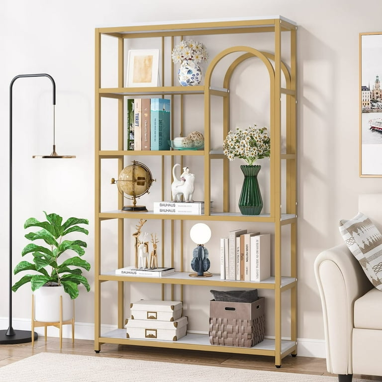 Tribesigns 6 Tier Etagere Bookcase 71 inch Tall Bookshelf Display Storage Organizer for Living Room Home Office White Gold