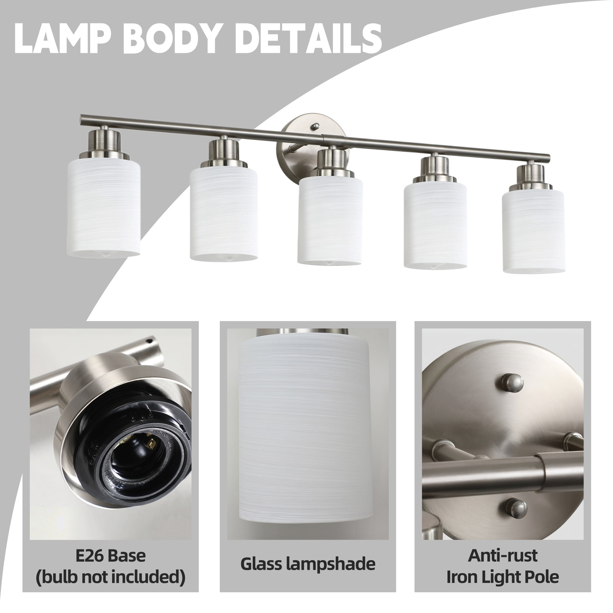 31" Brushed Nickel 5-Light Vanity Light Fixture with Frosted Glass Shades – Modern Wall Mount Bathroom Lighting for Over Mirror, Hallway, Powder Room, or Dressing Area (Bulbs Not Included)