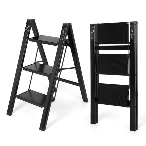 3 Step Ladder, Aluminum Folding Step Stool with Anti-Slip Sturdy and Wide Pedal, Portable  Space Saving Closet Step Stool for Home and Kitchen, Step Stools for Adults, Black, 330Lbs