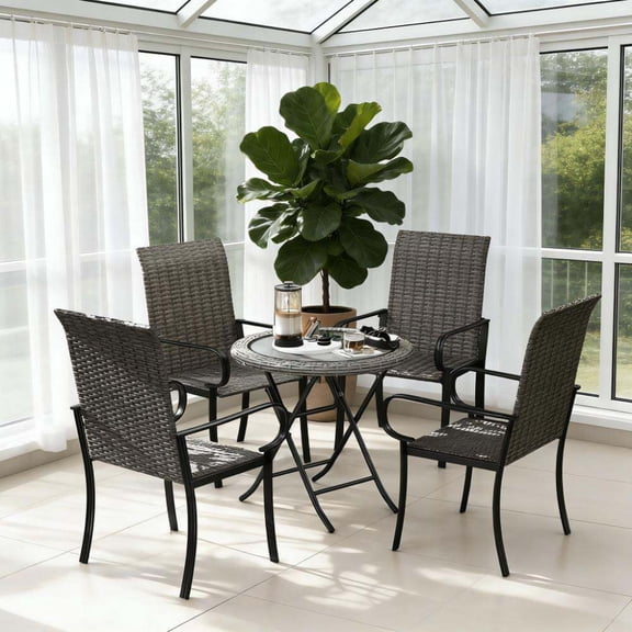 Wooden Dining Chairs, Set of 4 Dining Chairs with Armrest,Highback and Deep Seating, Brown Dining Chairs,Mdf Steel,Pe Rattan Iron Upholstered Dining Chairs