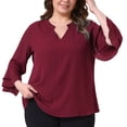 thumbnail image 2 of DARING DIVA Women's Plus 3/4 Bell Sleeve Notch Chiffon Tunic Shirts 3X Burgundy, 2 of 6