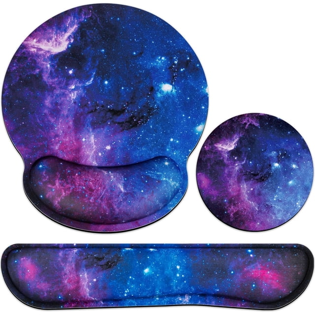 -in- Mouse Pad with Wrist Rest Set Wrist Support Mouse Pad+Keyboard Gel Wrist Rest+Cup Pad Ergonomic Mouse Pad Relieving Wrist Pain Base Computer Mouse Pad for Home Office Games Galaxy