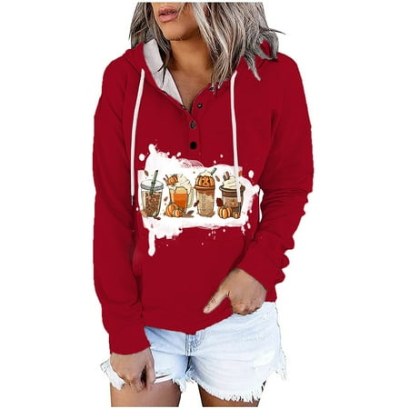 QIPOPIQ Women s Zip up Hoodie Jackets Solid Sweatshirt Drawstring Sweatshirts Printed Pocket Long Sleeve Thermal Tops Sweatershirt Button Hoodies Clearance Red S