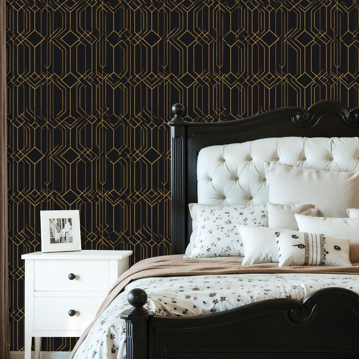 Modern Peel and Stick Wallpaper 23.6in x 9.8ft Geometric Art Deco Golden Lines Black Contact Paper Vinyl Waterproof Self Adhesive Wall Paper for Bedroom Shelf Cabinet Renter Friendly