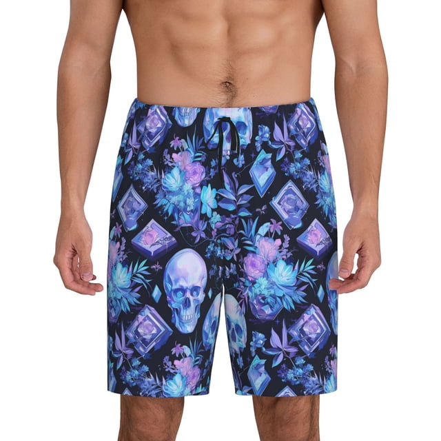 Fotbe Skull blue crystal flower Pantalones Cortos de Pijama para Hombre, Ropa de Dormir, Pantalones de Pijama Cortos para Hombre-Small