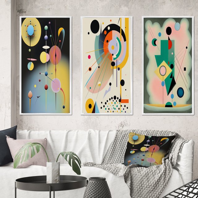 Designart "Retro Abstract Illustration Divine Secrets VI" Modern Geometric Framed Wall Art Set Of 3 - Blue Abstract Frame Gallery Wall Set For Home Decor