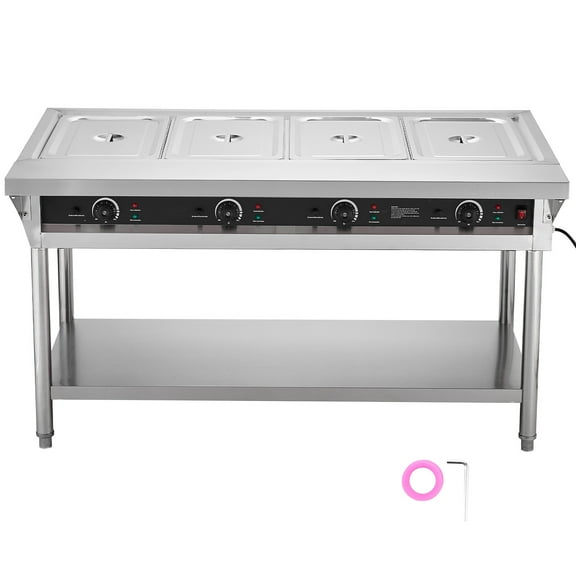 KFFKFF 4-Pan Commercial Food Warmer, Electric Steam Table with Individual Temperature Controls, 450W x 4 Stainless Steel Buffet Catering Warmer with Undershelf and Workspace, Ideal for Restaurants