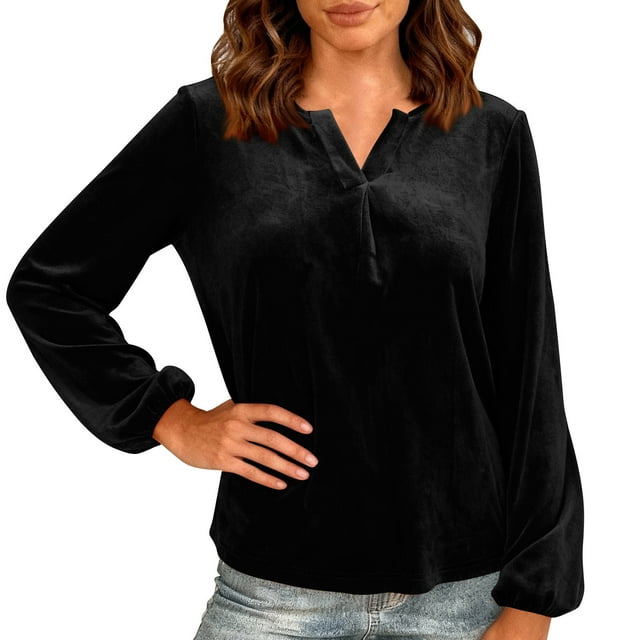 HongQid Womens Velvet Holiday Tops Party Blouse Long Sleeve V-Neck Spring Fall Winter Shirts