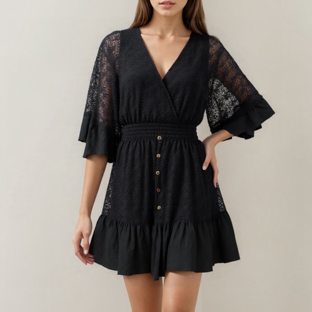 WILLBEST Vestidos De Lino Para Mujer Vestido Midi Con Mangas De Murciélago Y Encaje De Color Liso Para Mujer Con Volantes