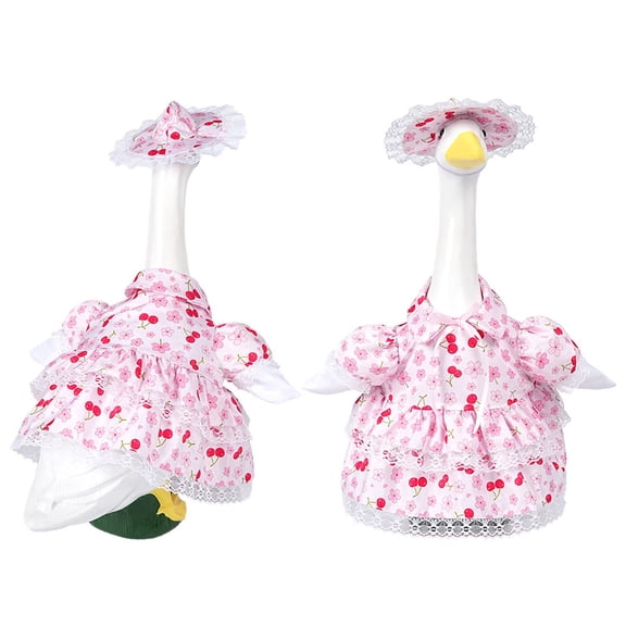 Cute Porch Goose Outfits Summer Dress Cherry Pattern Puff Sleeve Dress And Lace Hat For 19 To 23 Inch Porch Goose Clothes Outdoor Garden Decor