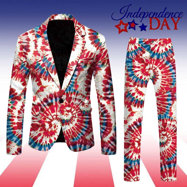 Male Independence Day Long Sleeve Coat And Pants Two Piece Suit Printed Button And Pockets Suit For Holiday Party Events Mens Slim Fit Prom Suit Men Formal Suits Slim Fit Prom Suits for Men Men Slim