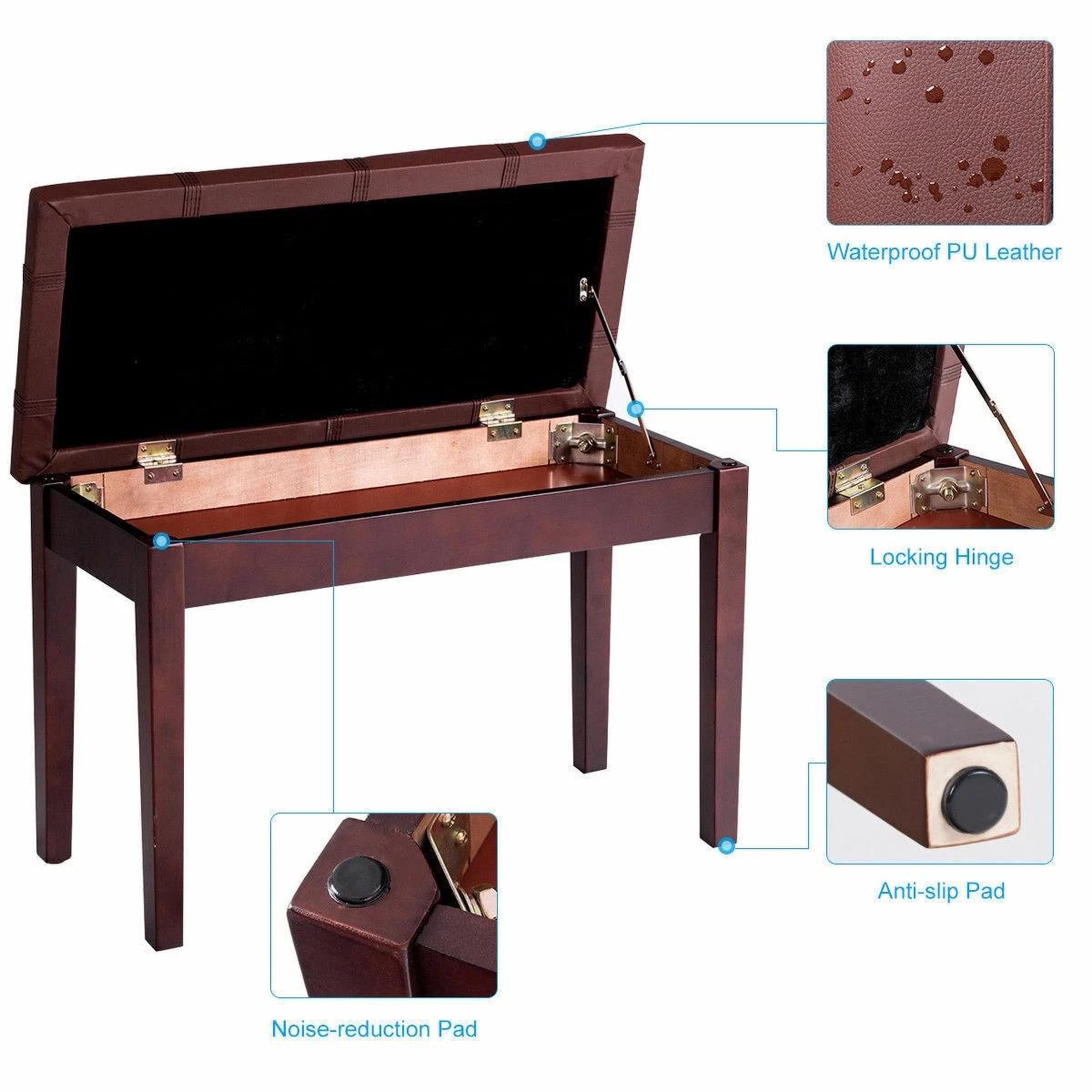 Solid Wood PU Leather Piano Bench Padded Double Duet Keyboard Seat Storage Brown