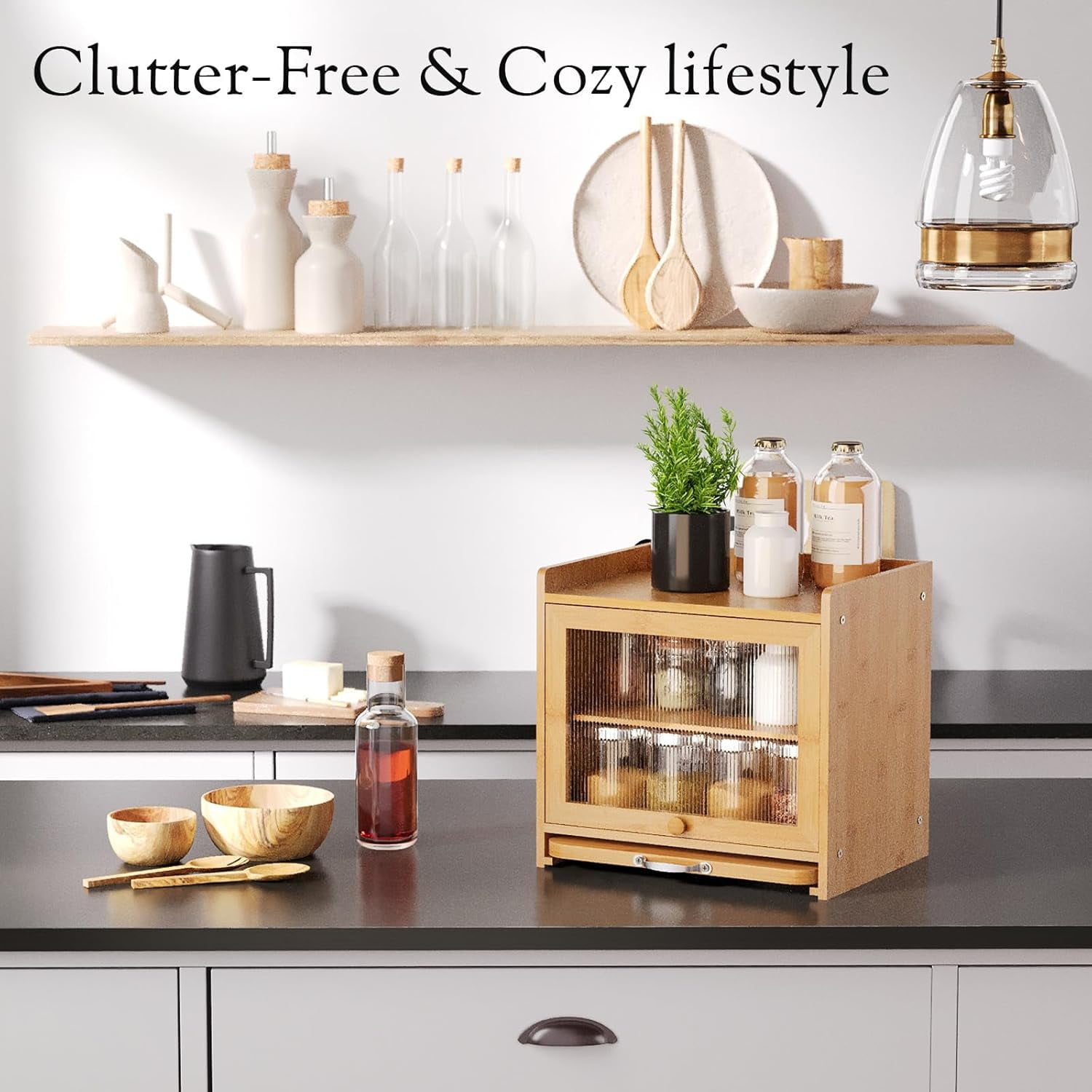 Bread Box with Cutting Board, Double Layer Kitchen Counter Organizer for Fruits Spices Coffee, Natural Vintage Storage Bin