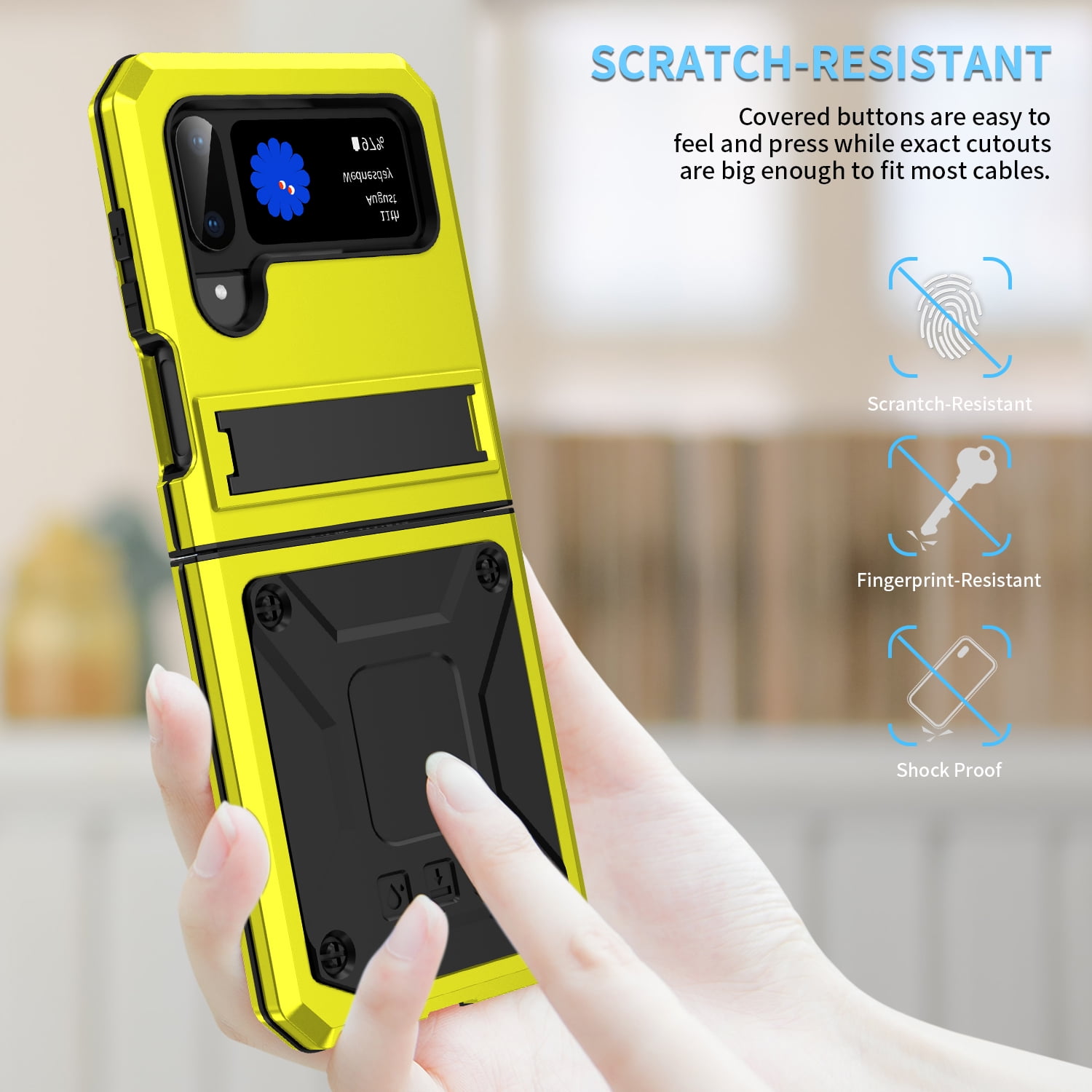 ELEHOLD for Samsung Galaxy Z Flip 4/3 6.7" Case, Heavy Duty Armor Built-in Explosion-Proof Tempered Glass Screen Protector Wireless Charging Hang Rope Hidden Kickstand Shockproof Rugged Case,Yellow