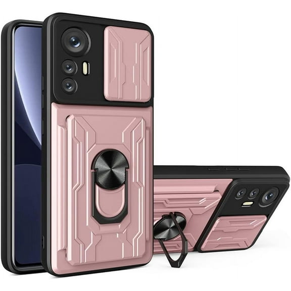 Heavy Duty Protection Case for Xiaomi 12 Pro (Not 12), Magnetic Ring Kickstand Slide Camera with Card Holder Phone Cover for Xiaomi 12 Pro LJK Rose Gold