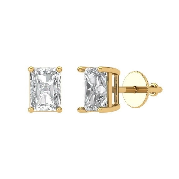 2 ct Screw-Back Stud Earrings for Women | 7x5mm Emerald Cut Moissanite | 18K Yellow Gold