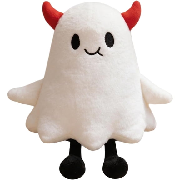Halloween Devil Horn Ghost Plush Throw Pillow, Cute Spooky Stuffed Ghost Decorative Cushion, Halloween Home Party Bedroom Dorm Office Decor, 11.8in
