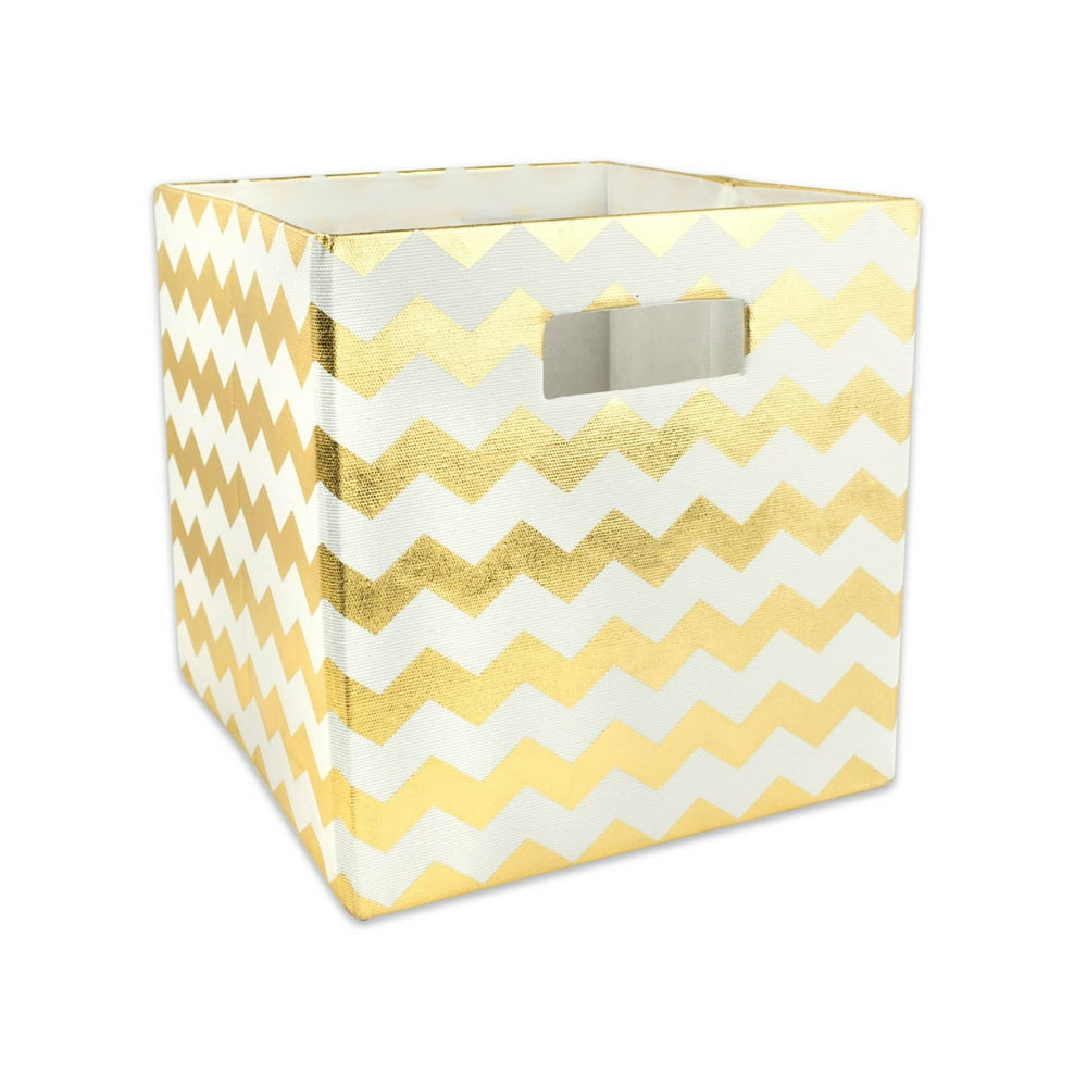 Gold Polyester Cube Storage Bin with Chevron Design 11"