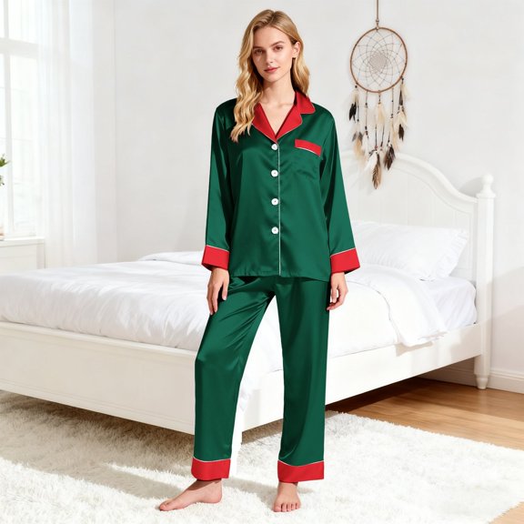 LIZUOJUN Satin Pajama Set for Women Long Sleeve Pants Sleepwear 2 Piece Lounge Set Lightweight Pjs Loungewear Notch Collar Pajama Casual Sleepwear - L