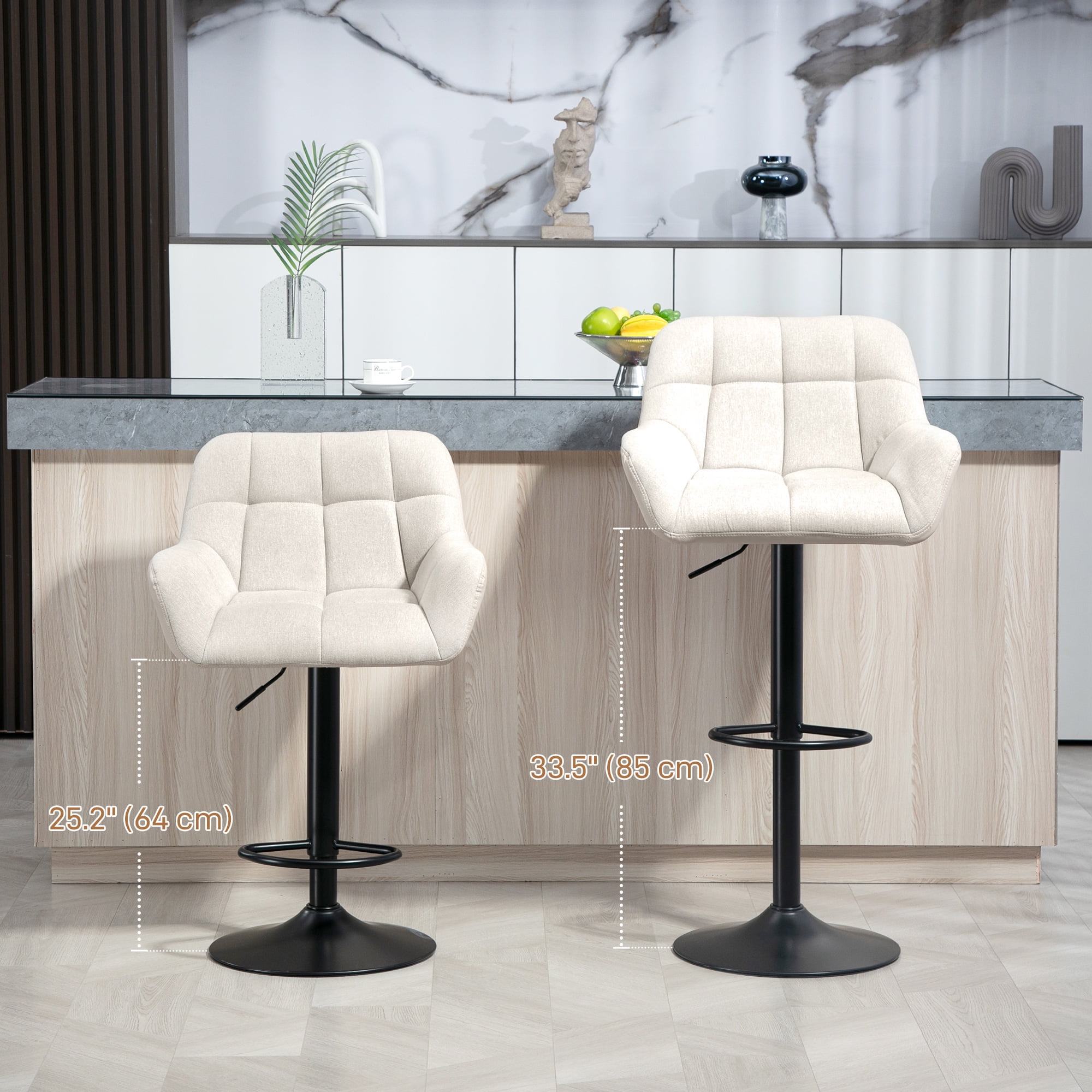 HOMCOM Adjustable Bar Stools Set of 2, Swivel Tufted Fabric