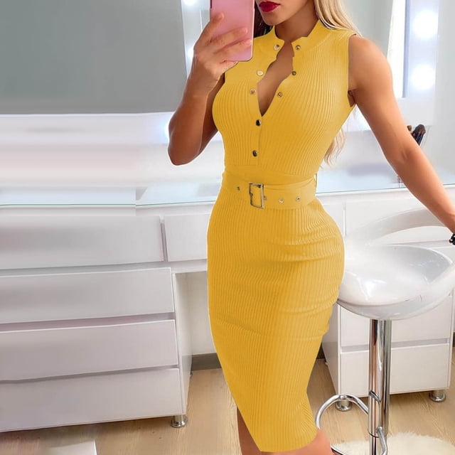 HKEJIAOI Cadeau d'Anniversaire Rabais Liquidation Robes Décontractées pour Femmes Robe Décontractée Aguichant Sans Manches Couleur Unie Col Rond Robe à Simple Boutonnage (Ceinture Incluse) Jaune