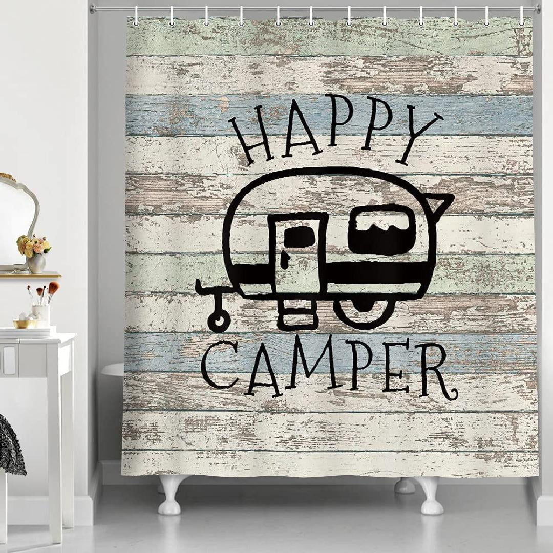 Happy Camper Shower Curtain Retro Rustic Wood Neutral Color for Travel ...