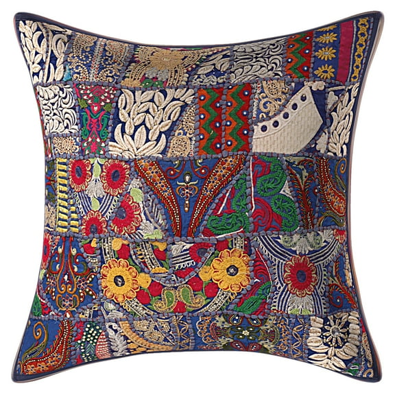 Stylo Culture Ethnic Vintage Patchwork Floral Decorative Throw Pillow Cover 24x24 Large Dark Blue Bohemian 60cm x 60cm Home Decor Cotton Abstract Square Cushion Cover | 1 Pc