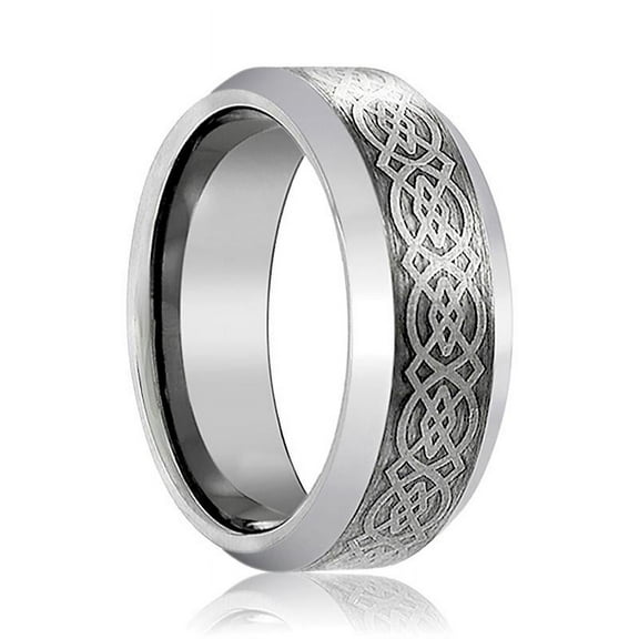 AMIS | Silver Tungsten Ring, Laser Celtic Knot Design, Beveled