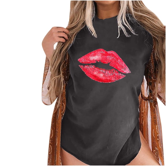 Distressed Retro Style T-Shirt For Womens Summer Tops Crew Neck Shirts Rolled Short Sleeve Blouse Lips Print Pullover