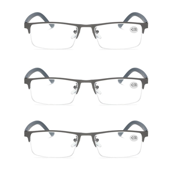 3 PK Men's Blue Light Blocking Reading Glasses - Rectangular Metal Half-Frame - Spring Hinge Readers