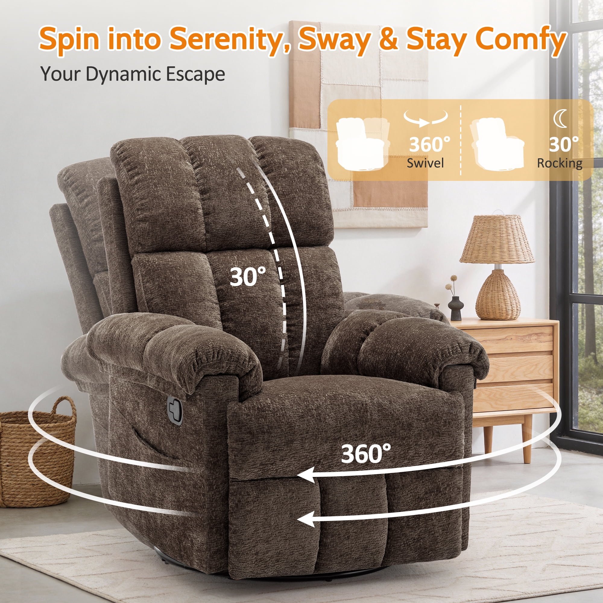 Korser Small Recliners for Small Spaces,Swivel Rocker Recliner Chair with Side Pockets for Living Room,Brown