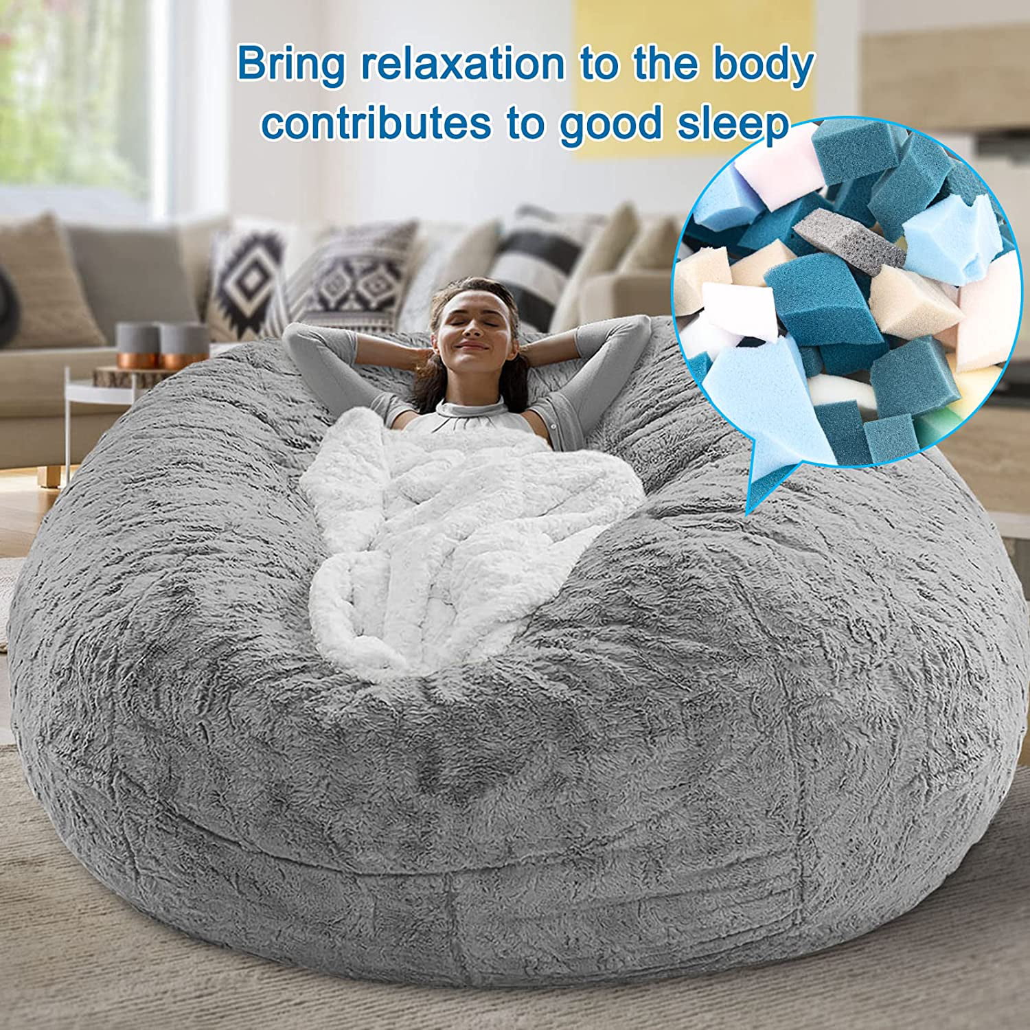 Rainbean Bean Bag Chair Filler, 60lb Filling Shredded Memory Foam with Inner Liner,Easy to Install and Remove,High Elastic Density - Safe and Healthy