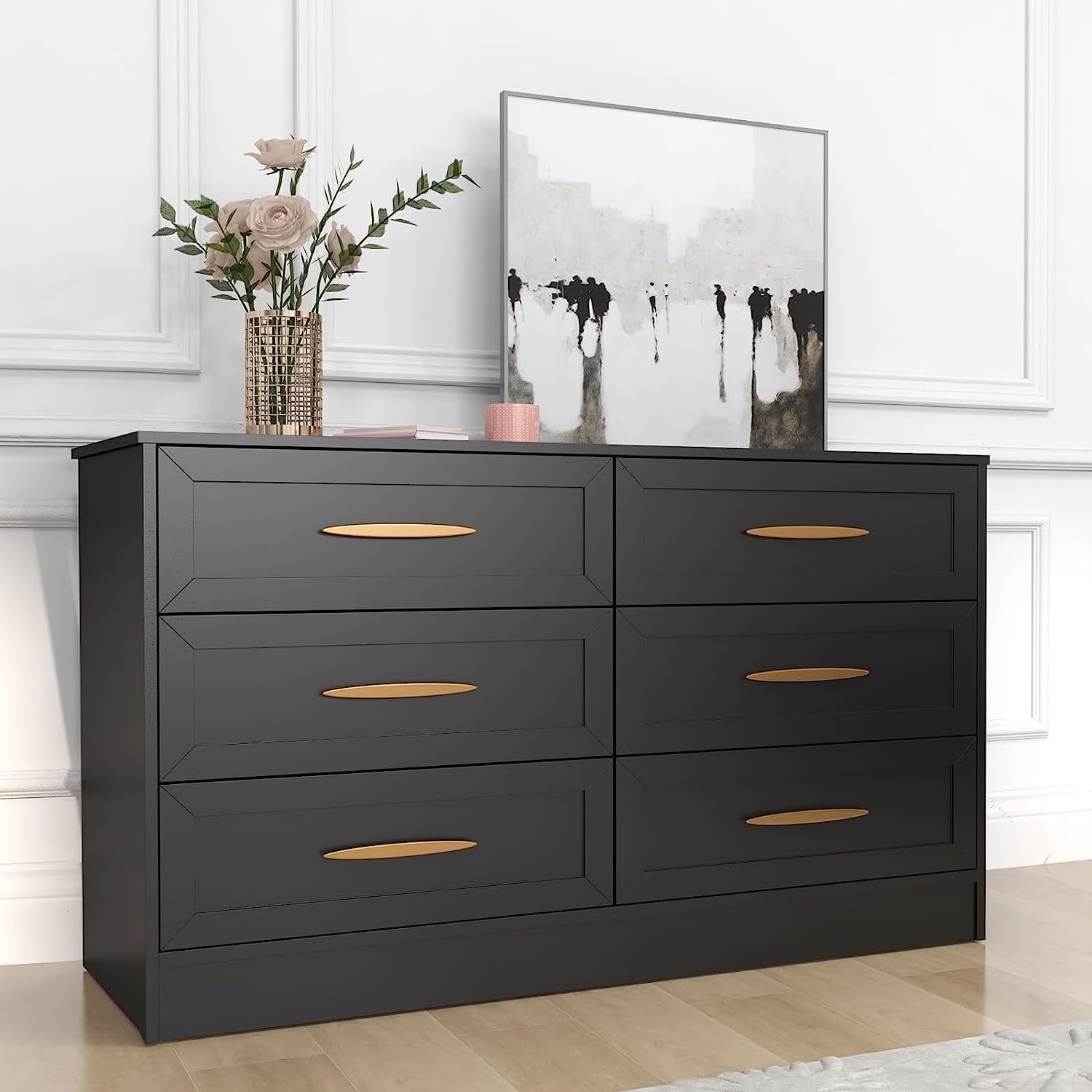 Tolead 6 Drawer Dresser, Black Chest of Drawers with Gold Handles