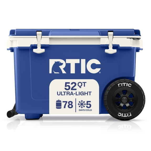 RTIC 52 QT Wheeled Hard-Sided Ice Chest Cooler, Ultra-Light, Fits 76 Cans, Cobalt & White