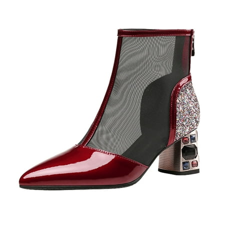 

Women s Fashion British Feng Shui Diamond Mesh Back Zipper Pointed Thick Heel Boots