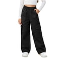 thumbnail image 3 of Xaqiouau Girls Cargo Pants Wide Leg Loose Fit Elastic Waist Casual Trousers with Side Pockets Kids Streetwear Full Length Pants School Daily Wear Black 12-13Years, 3 of 9