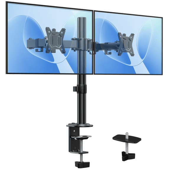 Dual Monitor Stand for 13 to 32 Inch Screens, Desk Mount with C-Clamp, Each Arm Holds 17.6 lbs, Double Monitor Mount Full Motion Adjustability for Height, Swivel, Tilt, and Rotation, Max 100x100mm