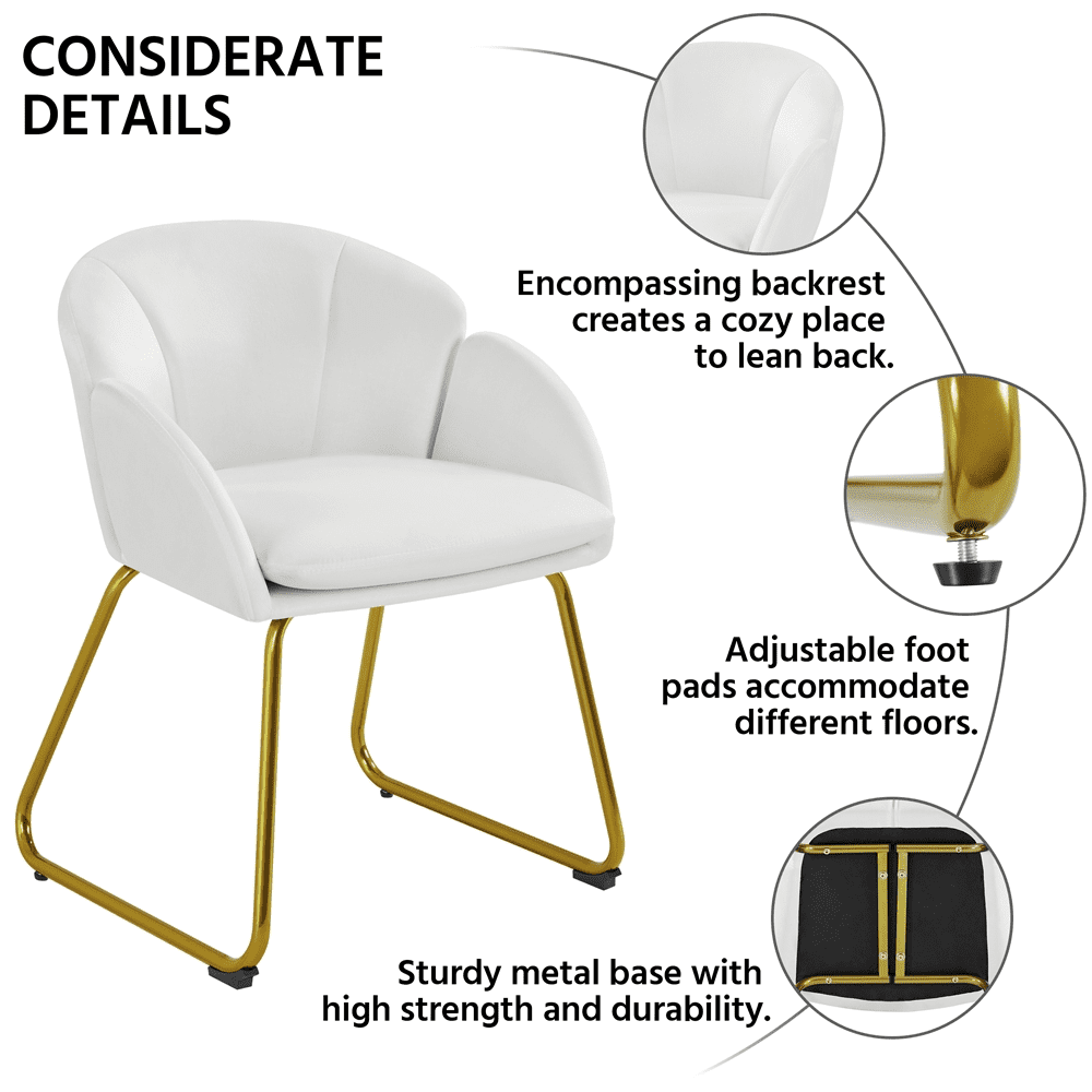Alden Design Flower Shape Velvet Accent Chair with Golden Metal Legs for Livingroom, White