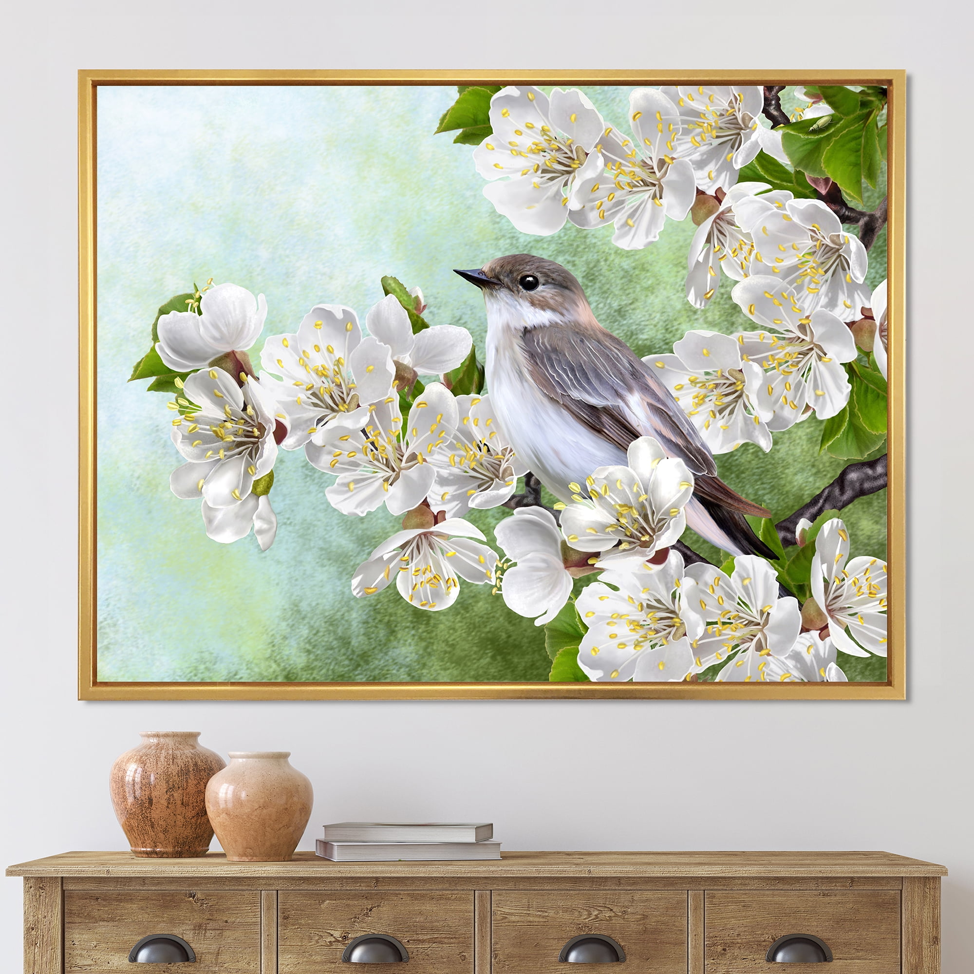 Gray Bird Sitting On A Branch of A Blossoming Tree 32 in x 16 in Framed Painting Canvas Art Print, by Designart