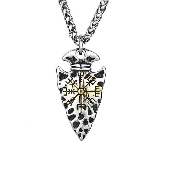 Fachoice Odin Arrowhead Pendant for Men Vegvisir Spear Head Necklace, Viking Compass Spear Necklace Men’s Norse Compass Arrow Jewelry Punk Helm of Awe Amulet Charm Necklace