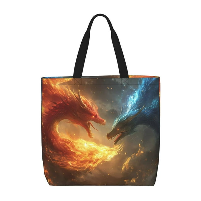 Wukai Sac d'Épicerie Réutilisable Imprimé Dragon de Feu Rouge et Bleu avec Fermeture Éclair Poignée de Courses Adapté pour Sac Quotidien Extérieur
