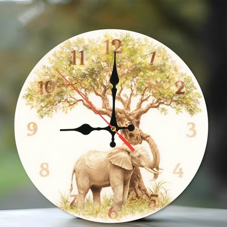 Safari Elephant Wall Clock Home Decor Art 10-Inch Silent Wooden Wall Clock, Battery Operated (AA Batteries Not Included), Artistic Home Decor