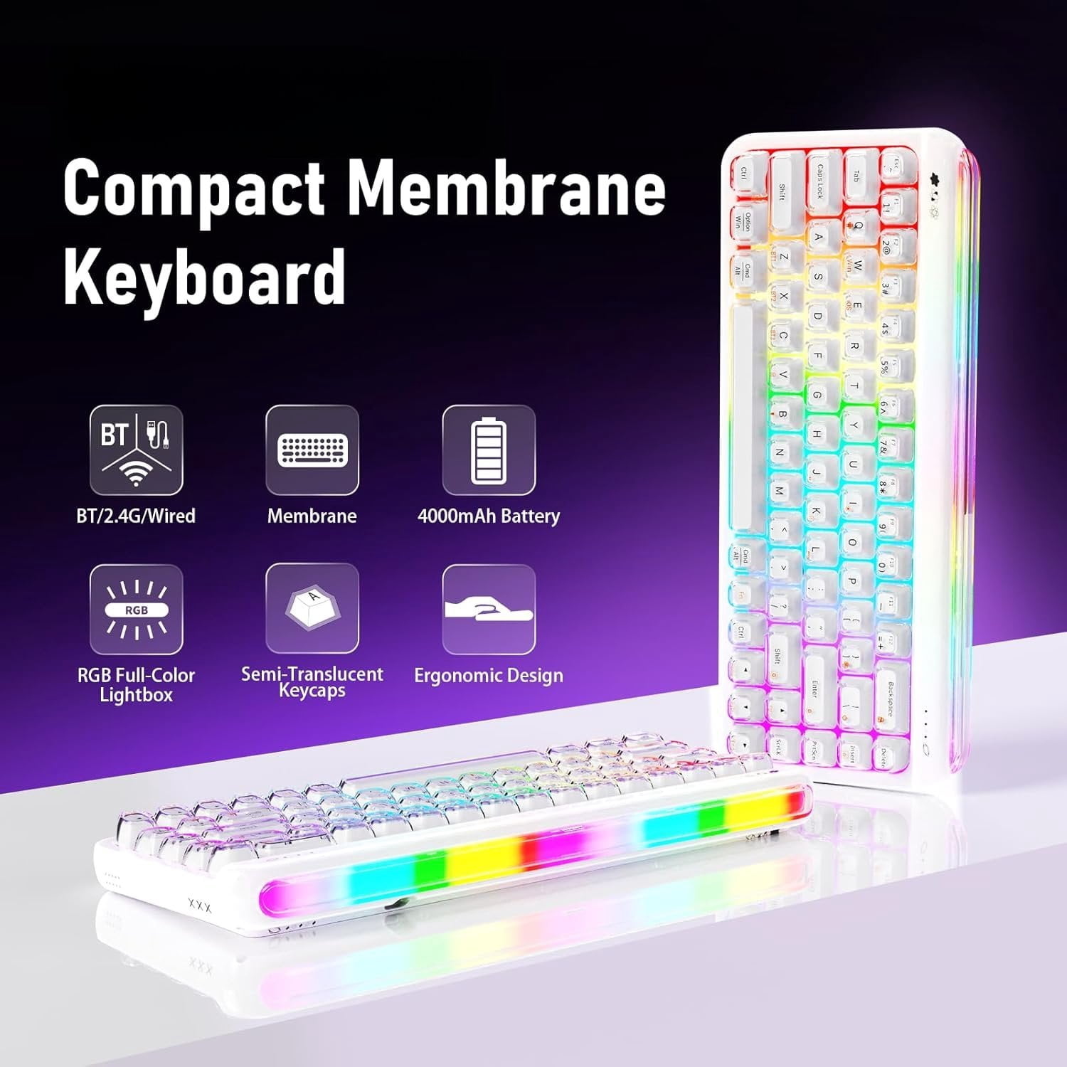 AF68 Membrane Keyboard, 68% Layout 68-Key Gaming Keyboard, 2.4 GHz/Type-C/BT, RGB Lighting Effects with Integrated Side Light Bar, 4000mAh , Translucent Keycaps