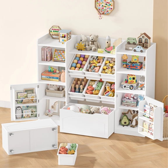 Hiphuta 55"Wide Toy Storage Organizer with Book Shelves Behind The Doors, Kids Bookcase Wood Toy Organizer of 6 Removable Boxes & 8 Storage Cubes, White
