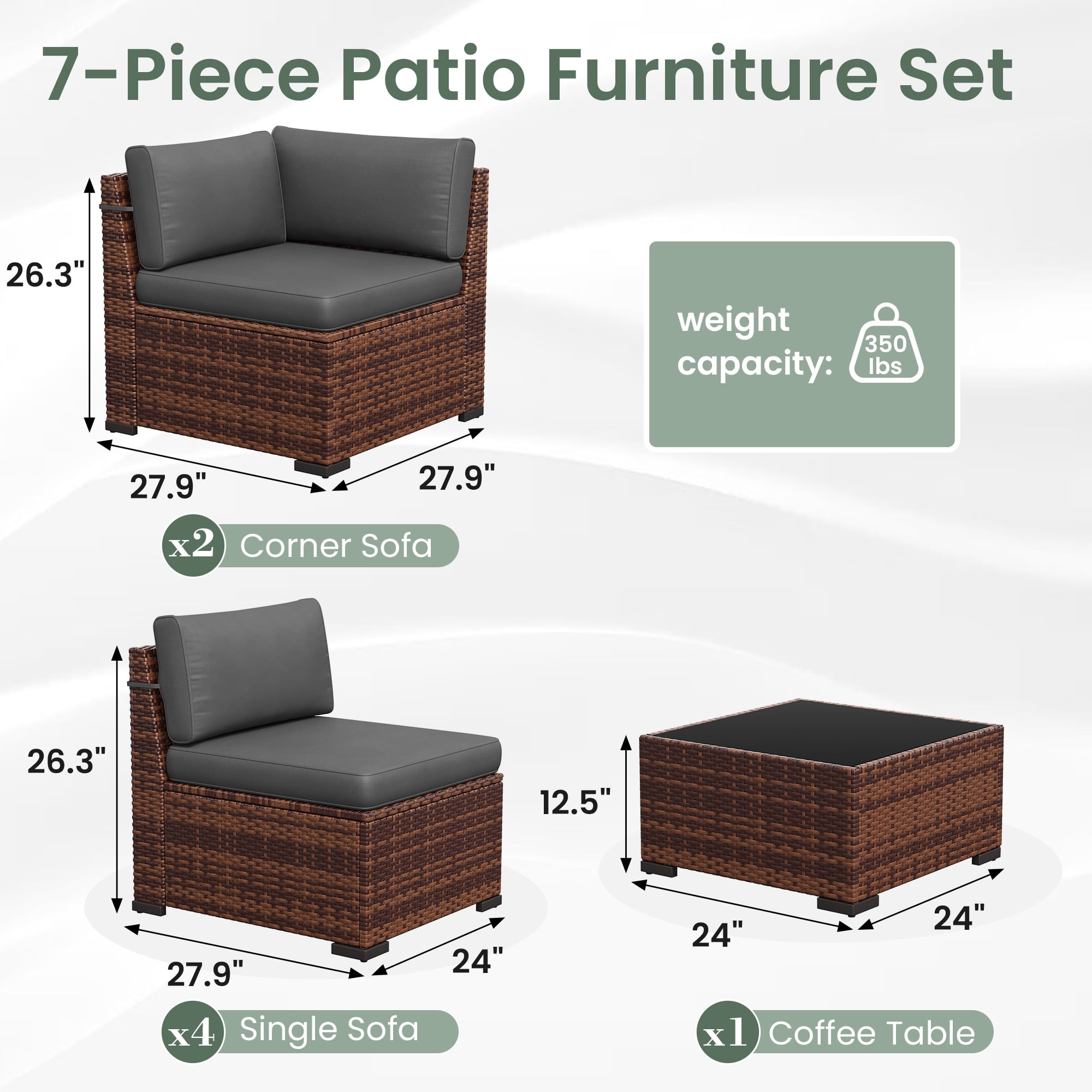 Poteban 7 Pieces Outdoor Sectional Sofa Set , PE Wicker Rattan Slanted Back Outdoor Conversation with Cushions and Glass Coffee Table for Backyard Garden, Dark Gray