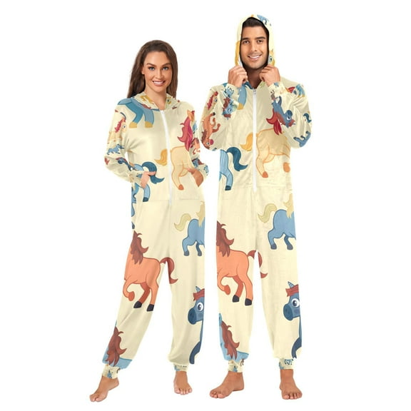 Cartoon Horses Adult Onesie Pajamas Slim Fit Christmas One Piece Suit Pjs for Women and Men Hooded Zipper