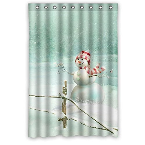 HelloDecor White Snowmen Christmas Tree Falling Snow Shower Curtain