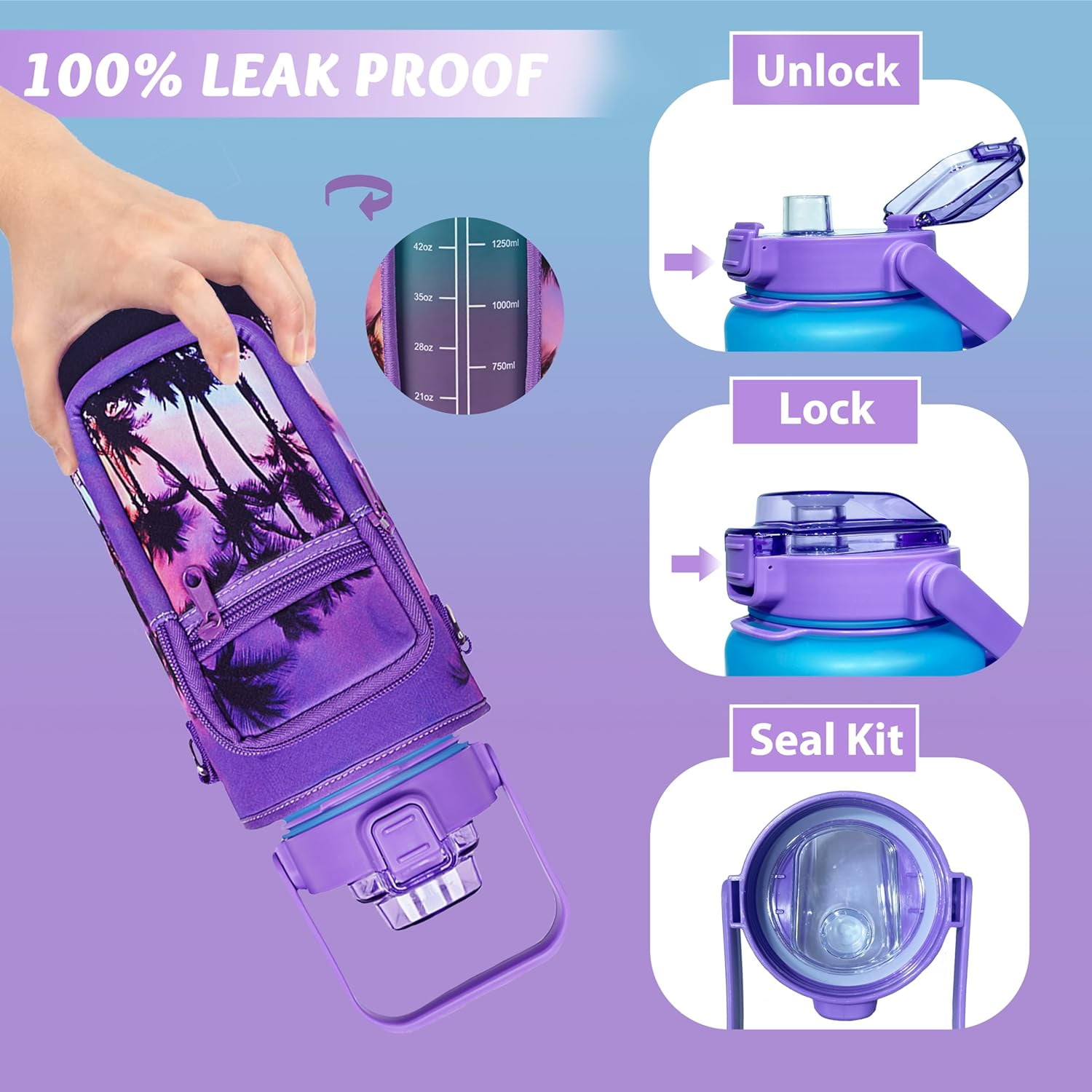 64 oz Water Bottle with Straw Sleeve & Strap Motivational BPA Free Half Gallon Water Jug with Handle for Gym Women Men Aesthetic Water Bottle with Strap Coconut Tree