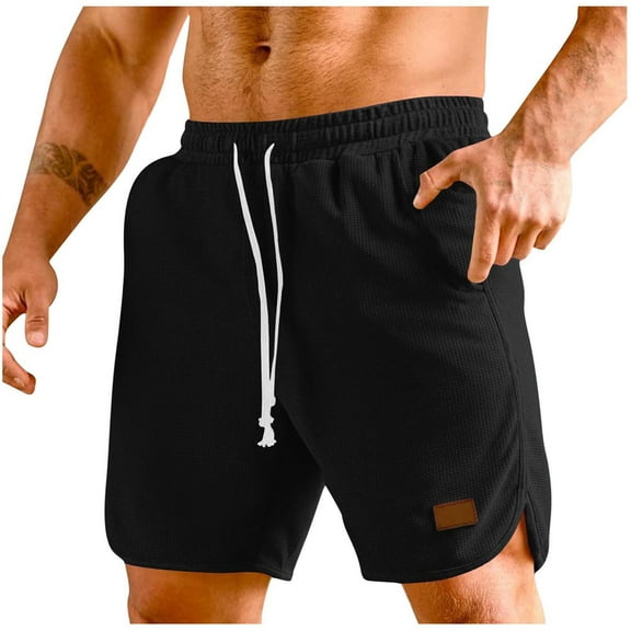 DeHolifer Shorts for Men Waffle Elastic Waisted Drawstring Solid Color Lightweight Loose Comfy Shorts Black 2XL