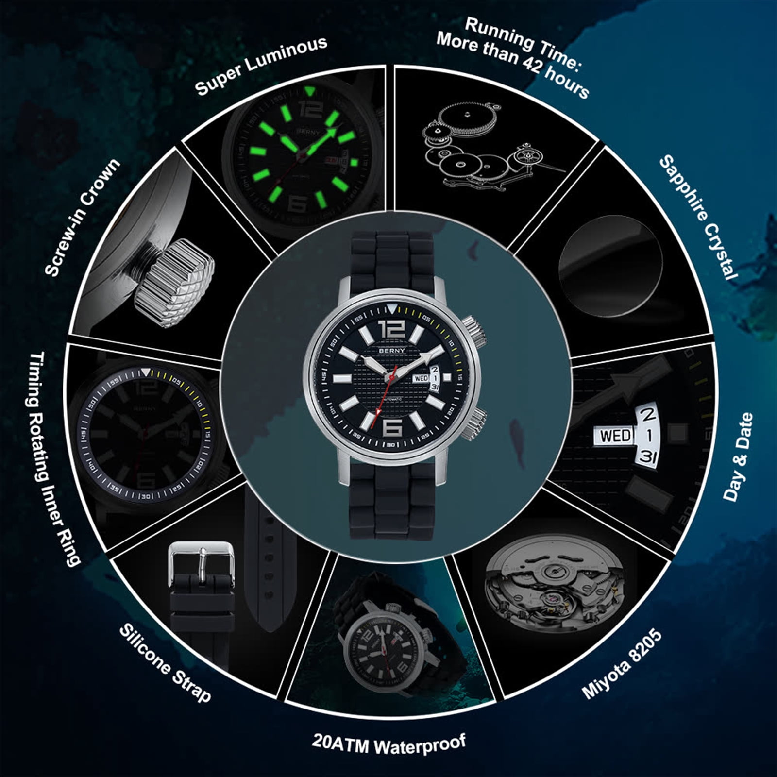 BERNY Automatic Dive Watches for Men, Sport 200M Waterproof Analog Mechanical Watch with Day & Date, Super Luminous, Silicone Strap, Stainless Steel, Sapphire Crystal, Men's Pro Diver Watch (Black)
